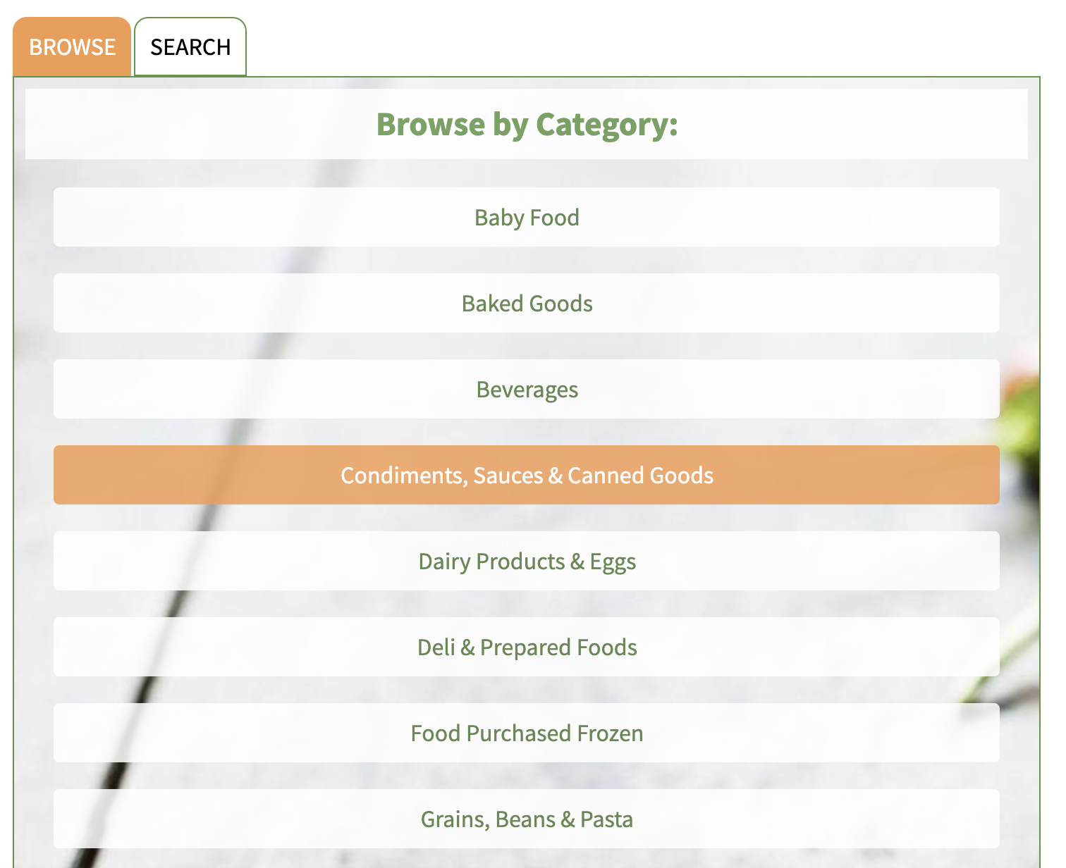 "browse by category" feature in FoodKeeper