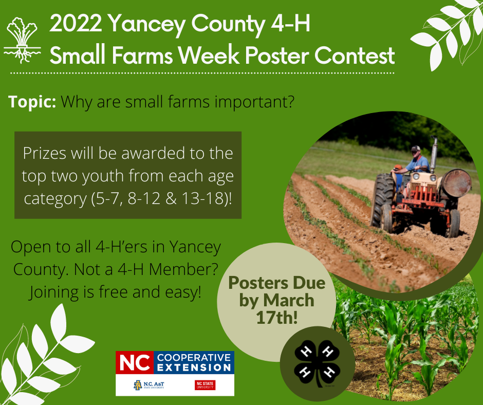 2022 Yancey County 4-H Small Farms Week Poster Contest. Why are small farms important? Prizes will be awarded to the top two youth from each age category (5-7. 8-12 & 13-18)! Open to all 4-H'ers in Yancey County. Not a 4-H Member? Joining is free and easy! Posters due by March 17th!