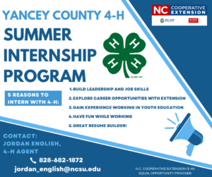 Cover photo for Yancey County 4-H Summer Internship Program Open!