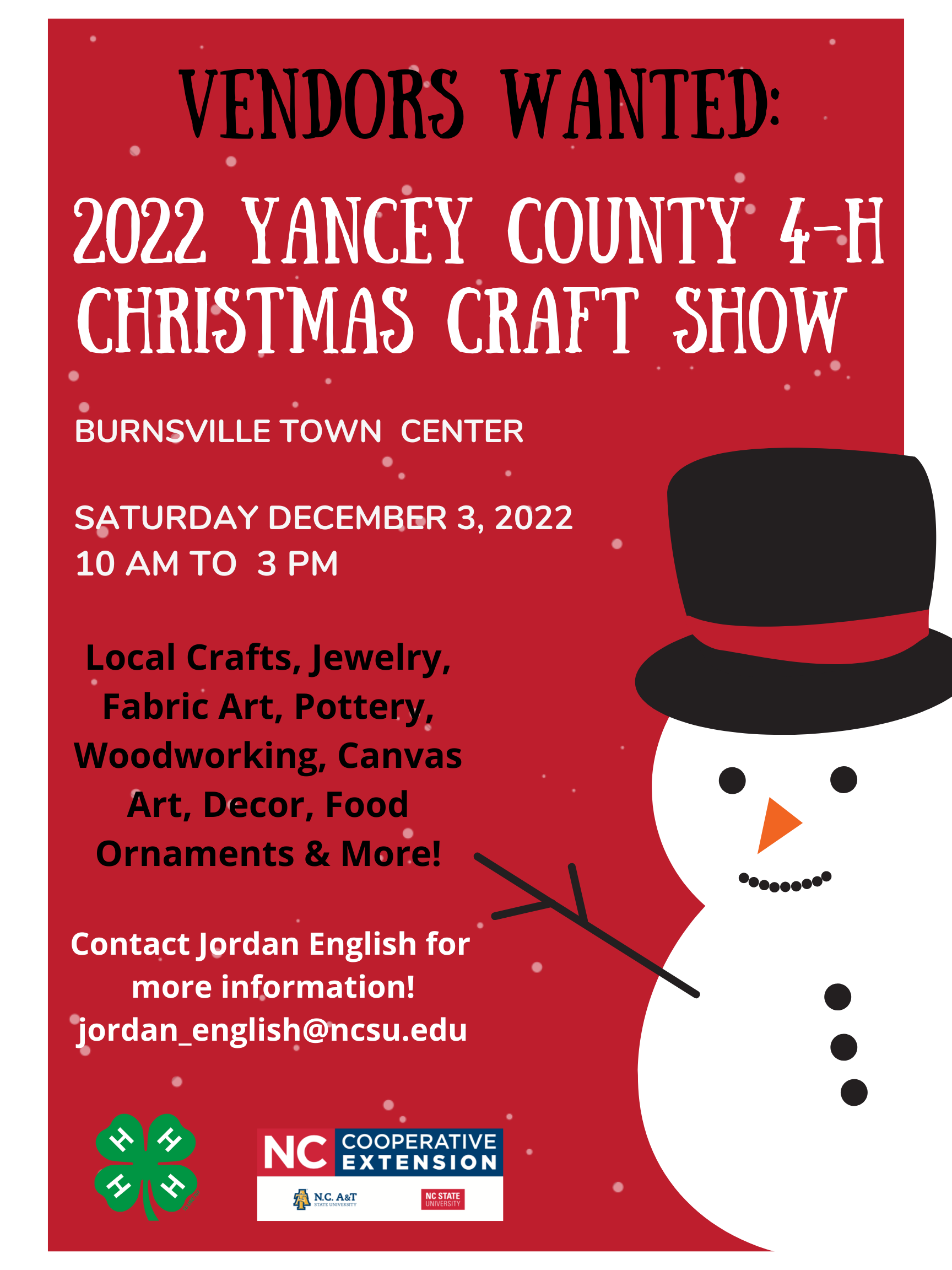 Vendors Wanted, 2022 Yancey County 4-H Christmas Craft Show. Burnsville Town Center.