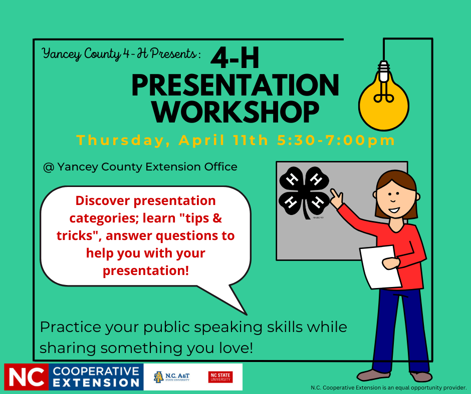 4-H Presentation Workshop. Thursday, April 11th, 5:30 - 7:00 p.m.