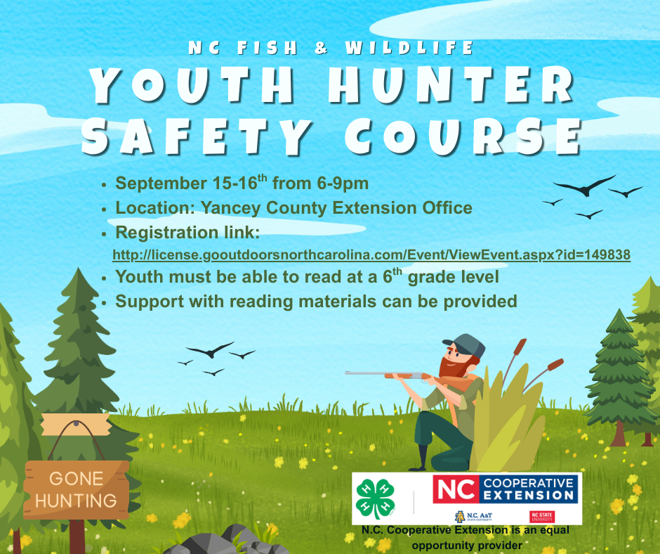 Flyer depicting a hunter in a field of flowers and trees with birds flying against a blue sky
